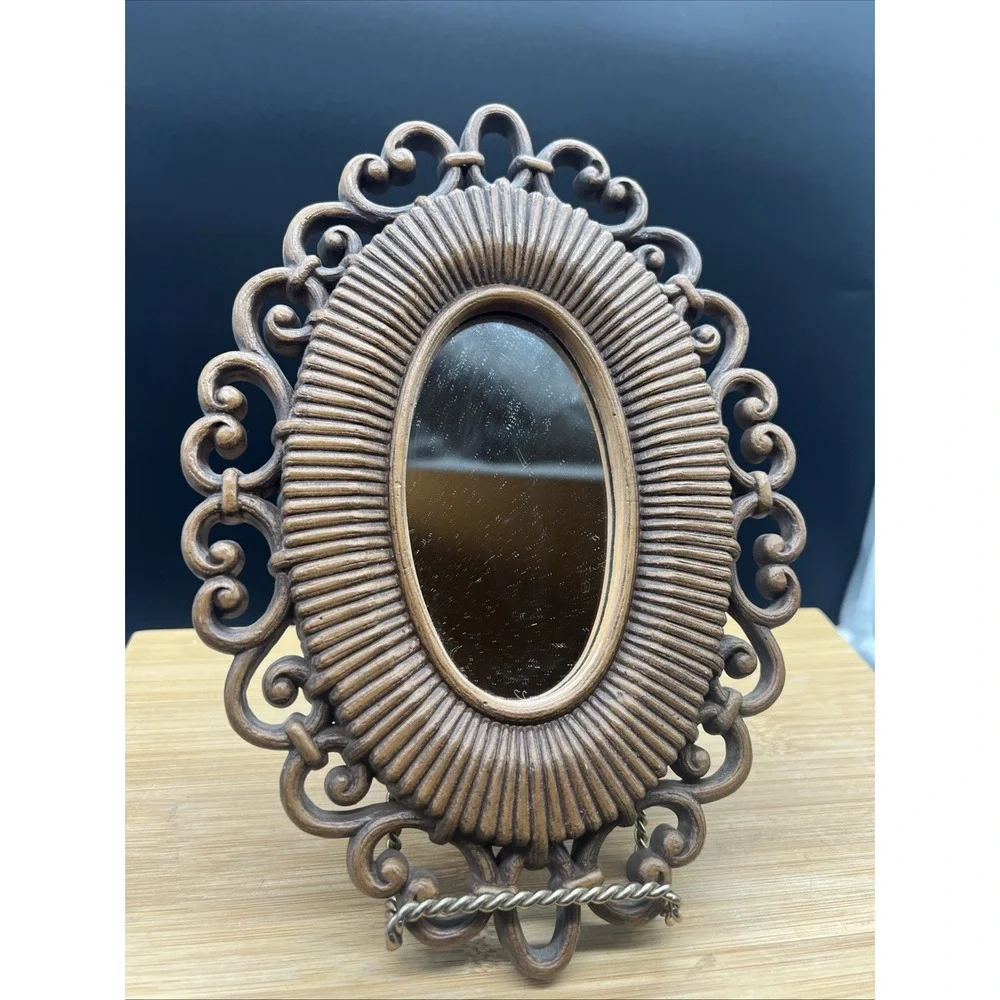Vintage HOMCO Oval Mirror Wall Decor Brown Plastic Faux Wicker USA 9.5x7